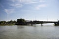 Movement water of Tha Chin river and traffic road crossing bridge at Tha Na market at Nakhon Chai Si city in Nakhon Pathom,