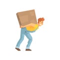 Mover Carrying A Large Box On His Back, Delivery Company Employee Delivering Shipments Illustration