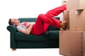 Mover man taking a nap on couch Royalty Free Stock Photo