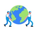 Movers and Earth. Porters carry planet. Delivery service. Loader mover man holding. Moving Vector illustration