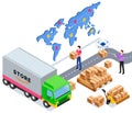 Movers put boxes with parcels in truck. Loading car before shipping and delivery vector illustration