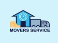 Movers service. Illustration of truck, boxes, building