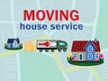 Movers service. Illustration of truck, houses Royalty Free Stock Photo