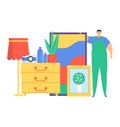 Movers service, male character porter standing personal stuff picture, wardrobe and floor lamp flat vector illustration