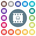 Movie audio flat white icons on round color backgrounds