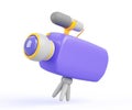 Movie camera 3d render icon. Cartoon purple camcorder with microphone and tripod for film production studio and Royalty Free Stock Photo