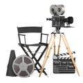 Movie camera with film reel, chair, megaphone and clapperboard. Cinema concept. 3D rendering Royalty Free Stock Photo