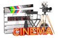 Movie camera, film reel, chair, megaphone and digital clapperboard with cinema signboard. Cinema concept, 3D rendering Royalty Free Stock Photo