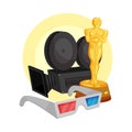 Movie camera, a golden Oscar statuette and 3D glasses in a yellow circle. Vector illustration on a white background.