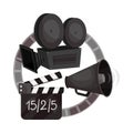 Movie camera, a shout, a movie clapperboard and a film ring. Vector illustration on a white background.