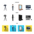 A movie camera, a suit for special effects and other equipment. Making movies set collection icons in cartoon,black,flat Royalty Free Stock Photo