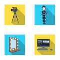 A movie camera, a suit for special effects and other equipment. Making movies set collection icons in flat style vector