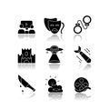 Movie categories drop shadow black glyph icons set. Different film types, popular cinema genres. Common cinematography Royalty Free Stock Photo