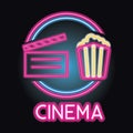 Movie cinema entertainment insignia logo with neon sign effect. vector illustration