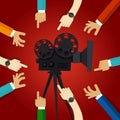 Movie cinema entertainment together friendship hands to retro projector teamwork working on video production Royalty Free Stock Photo