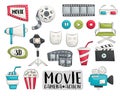 Movie cinema icons set. Colorful hand drawn doodle objects. Royalty Free Stock Photo
