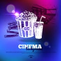 Movie cinema poster. Background with hand drawn sketch illustrations and light effects Royalty Free Stock Photo