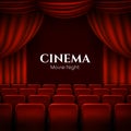 Movie cinema premiere poster design with red curtains. Vector banner.