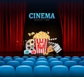 Movie cinema premiere poster design. Vector template banner for show with curtains, seats, popcorn, tickets Royalty Free Stock Photo