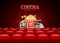 Movie cinema premiere poster design. Vector template banner for show with seats, popcorn, tickets