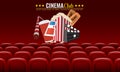 Movie cinema premiere poster design. Vector template banner for show with seats, popcorn, tickets. Red background. Royalty Free Stock Photo