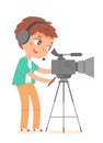 Movie cinema production and kid cameraman, operator videographer boy recording video film