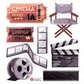 Movie cinema production objects from director chair clapboard film strip and roll ticket