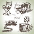 Movie and cinema set. Hand drawn vintage illustrations