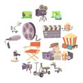 Movie cinema symbols icons set, cartoon style