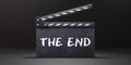 Movie clapper, THE END text on cinema scene clapperboard. Filmmaking, video production. 3d render