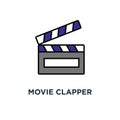 movie clapper icon. clapperboard, cinema, cinematography, outline, concept symbol design, movie, filmmaking device, film or video