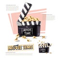 Movie clapper with popcorn. movie time concept - vector illustration