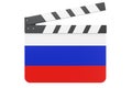 Movie clapperboard with Russian flag, film industry concept. 3D rendering