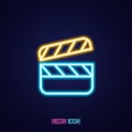 Movie clapperboard simple luminous neon outline colorful icon on blue background