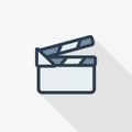 Movie clapperboard thin line flat color icon. Linear vector symbol. Colorful long shadow design.