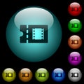 Movie discount coupon icons in color illuminated glass buttons