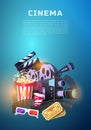 Movie elements set. Vintage cinema, entertainment and recreation with popcorn. Retro poster background. Clapperboard and Royalty Free Stock Photo