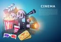 Movie elements set. Vintage cinema, entertainment and recreation with popcorn. Retro poster background. Clapperboard and Royalty Free Stock Photo