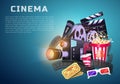 Movie elements set. Vintage cinema, entertainment and recreation with popcorn. Retro poster background. Clapperboard and Royalty Free Stock Photo