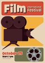 Movie festival poster template design with film camera and film reel vintage retro style Royalty Free Stock Photo