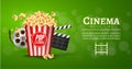 Movie film banner design template. Cinema concept with popcorn, filmstrip and film clapper. Royalty Free Stock Photo