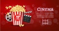 Movie film banner design template. Cinema concept with popcorn, filmstrip and film clapper. Theater cinematography poster Royalty Free Stock Photo