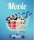 Movie Film, 3d Glasses and movie ticket in a shopping cart