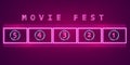 Movie film neon sign Vector. Glowing billboard dark background. Shinning templates cinema festival symbols
