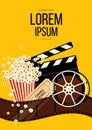 Movie and film poster design template background with popcorn, filmstrip, clapperboard, ticket Royalty Free Stock Photo