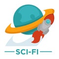 Movie genre sci-fi cinema vector icon of space rocket globe