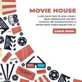 movie house, cinema, filmmaking items arraged in corner shape. popcorn bucket, drink, movie camera, ticket, 3d glasses, videotape Royalty Free Stock Photo