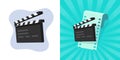 Movie icon with film clapperboard filmstrip vector 3d graphic illustration, clapper board action slate with cinema tape, clapboard Royalty Free Stock Photo