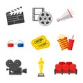 Movie icon set. Colorful icons on the cinema theme in flat style. Royalty Free Stock Photo