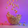 Movie items, 3D glasses and popcorn in a cup. Royalty Free Stock Photo